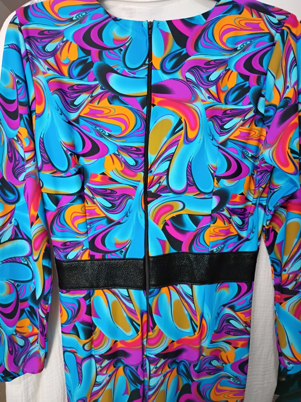 LECOIR Blue Multicolor Swirl Long-Sleeve Jumpsuit - Bodycon Bodysuit -Large NWOT - Picture 6 of 10